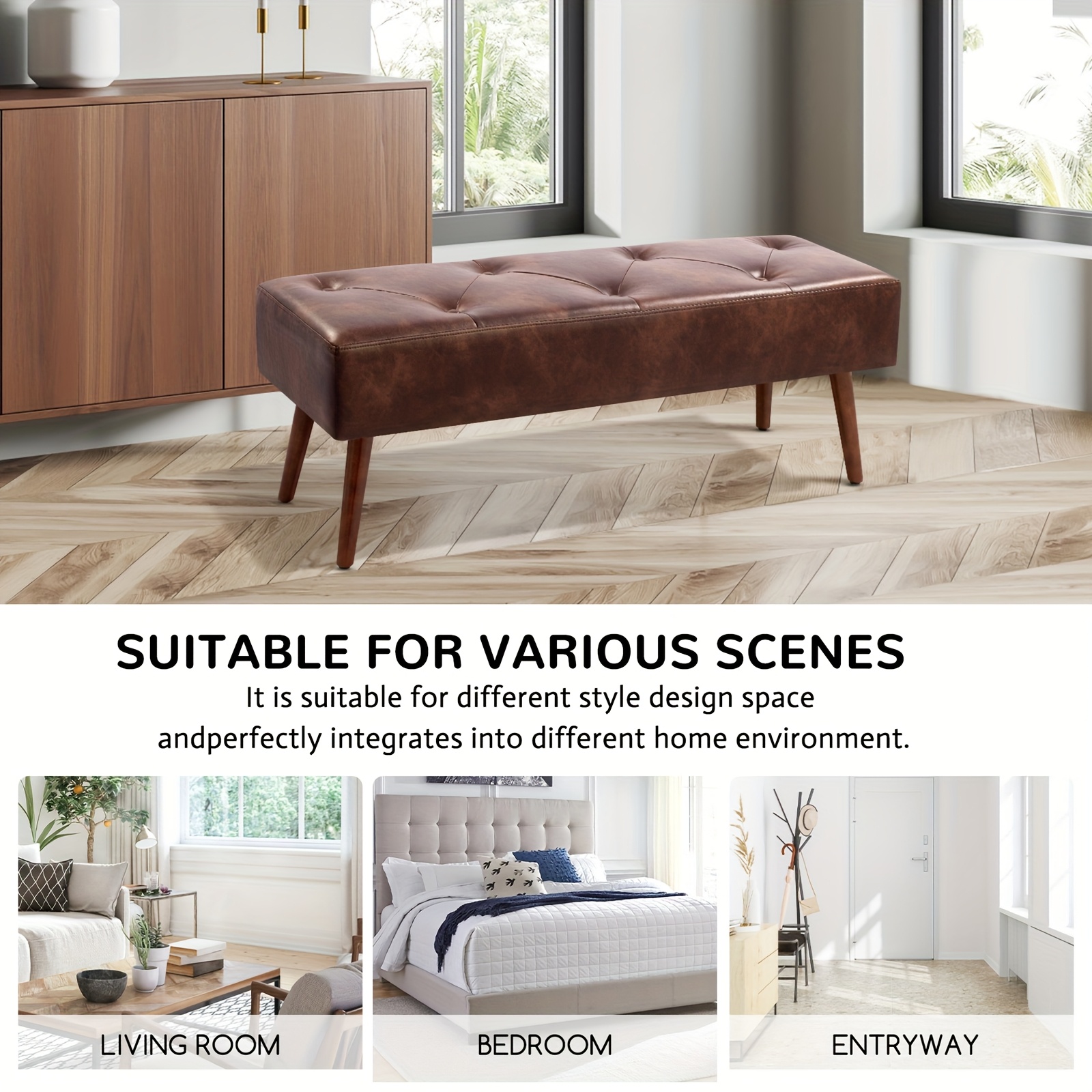 44-inch Brown Pu Bench, Bedroom Bench, Living Room Shoe Bench, Suitable for Multiple Scenes, Multiple Colors Available
