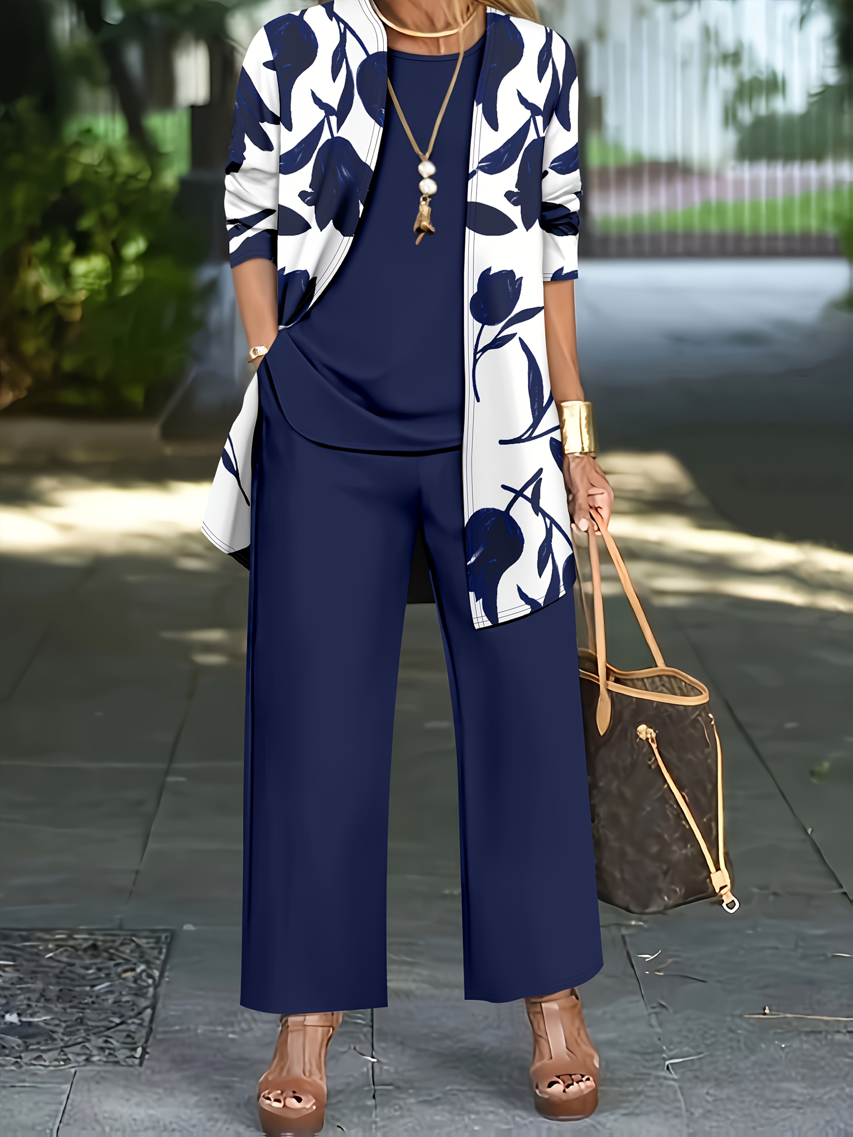   commuter simple casual elegant womens printed pants set three piece vest jacket with botanical print wide leg pants for women