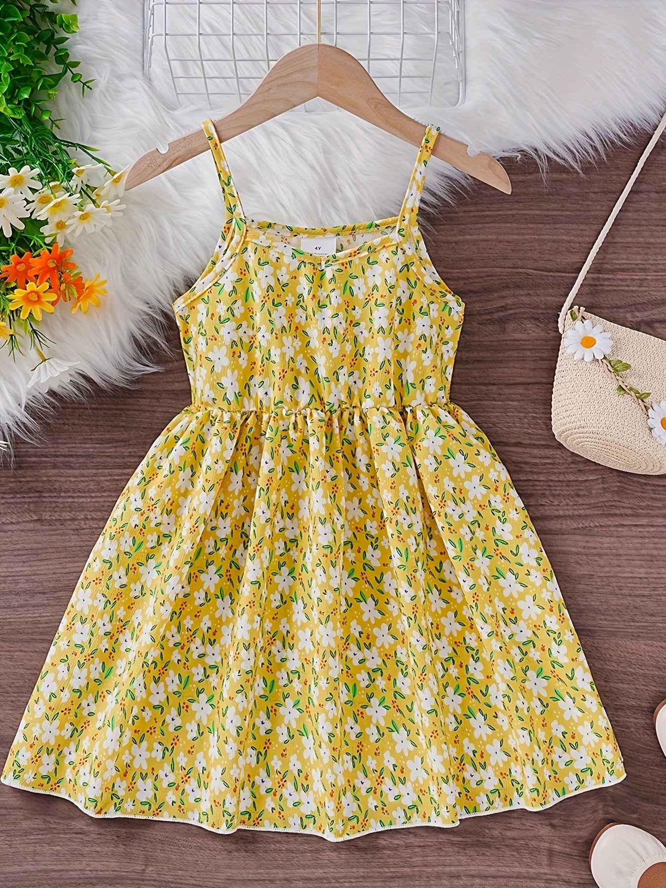 [Festive *] Floral Princess Dress for Girls Comfy Casual Summer Style  with Adjustable Spaghetti Straps, Sleeveless Yellow Dress wi