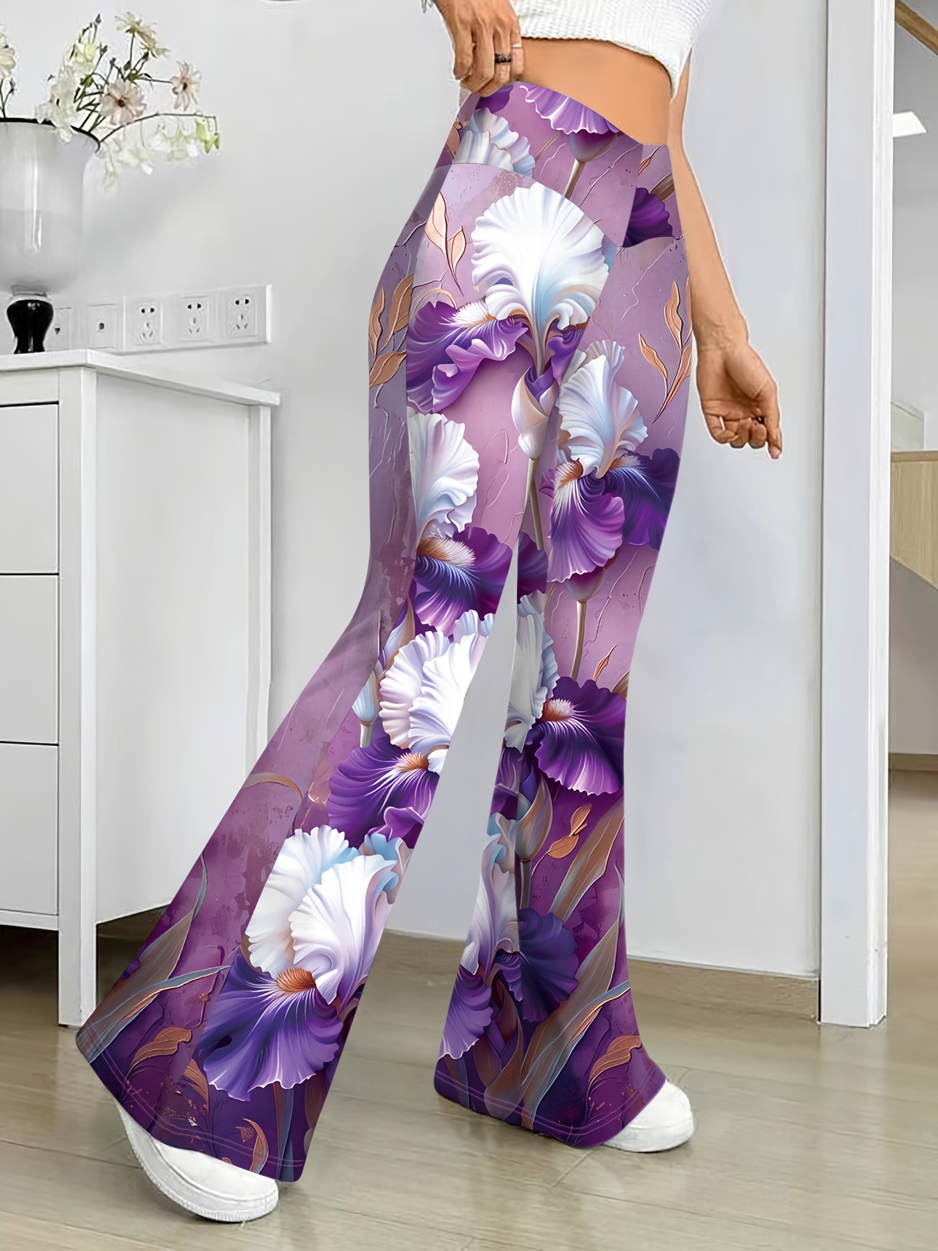 Women's High-Waist Floral Print Flare Pants Elegant Purple Bottoms  with Golden Accents, Machine Washable Fit, Casual Wear Floral Flare 
