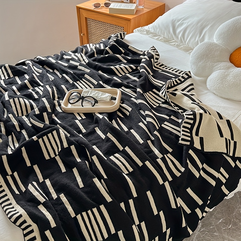 Image of Modern Black And White Striped Double-sided Blanket, Suitable As A Sofa Throw, -conditioning Nap Blanket, Or Bedroom Foot-of-the-bed Blanket, Usable In
