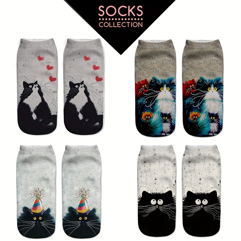 

4 paires de chaussettes courtes pour femmes en polyester avec imprimé chat 3D numérique, cadeau , chaussures d' avec motif géométrique et lavables en machine - Tissu tricoté Motifs d'animaux