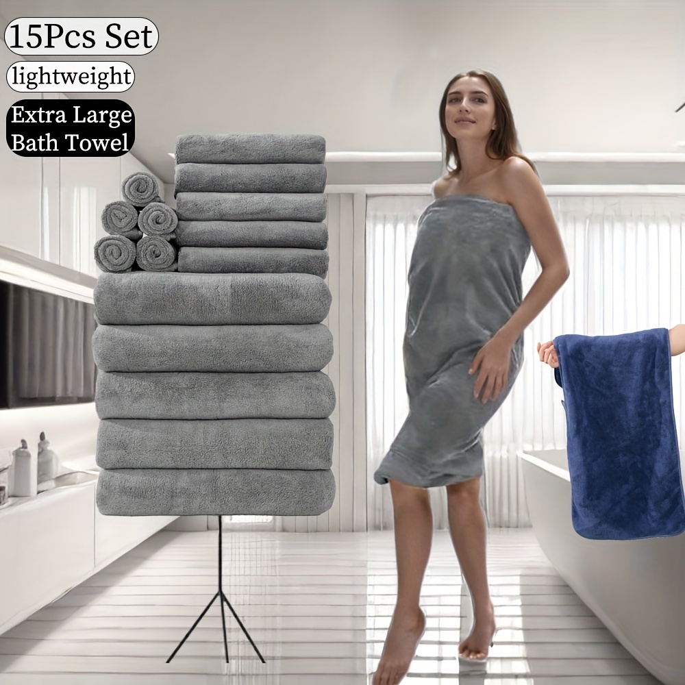 

15pcs Microfiber Towel Set - Includes 300gsm Bath, Hand & Washcloths In Multiple Colors - Home & Hotel Showers