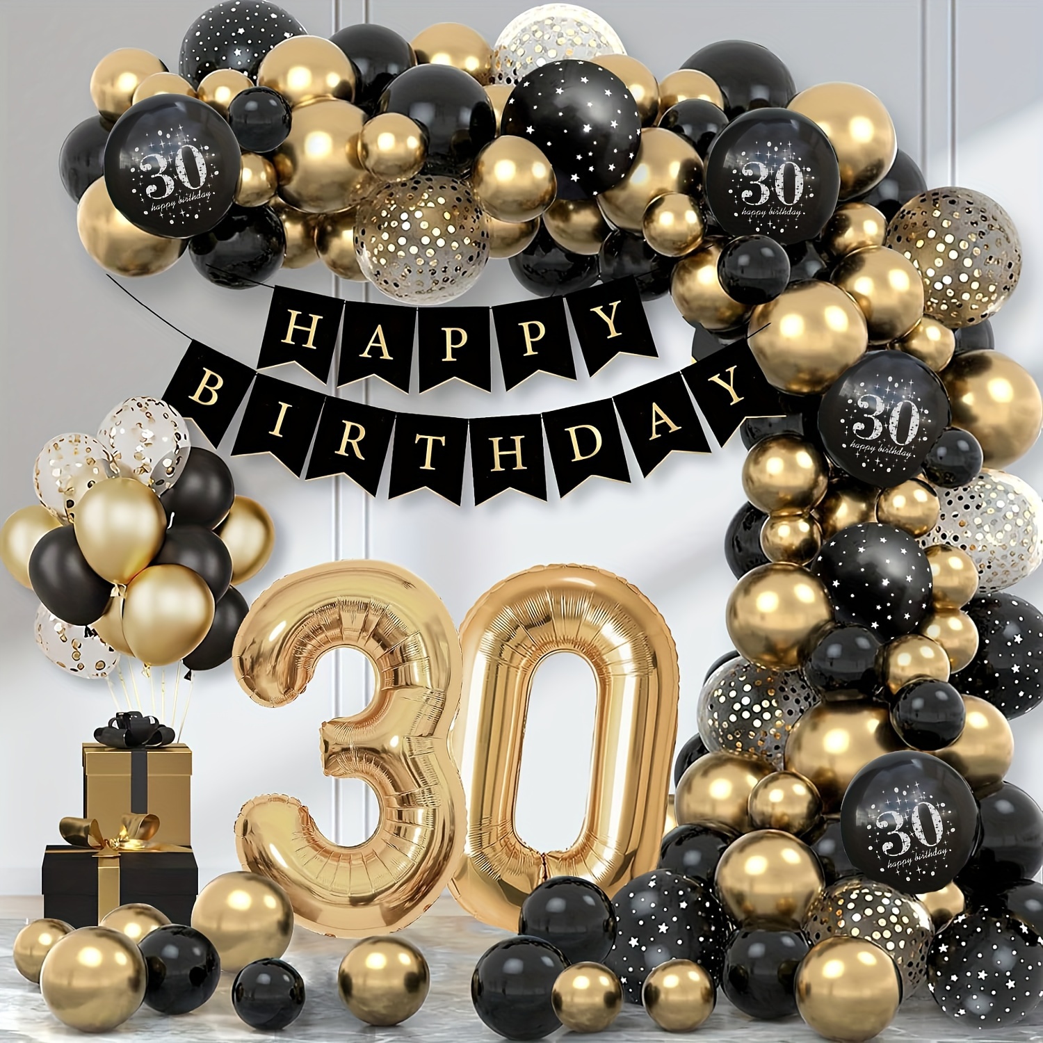 

Set, 30th Birthday Party Decoration, Black Golden Balloons Decoration With Happy Birthday Banner, Number 30 Balloon, For Woman Man Birthday Gift, Balloon Garland Birthday Party Decoration,