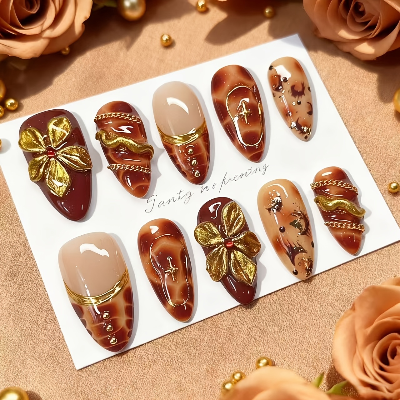 Image of 30pcs Set Of Almond-shaped Nails With Full Rhinestones For Autumn And Winter, Gilded 3d Embossed Flowers, Silvery-white Leopard Print French Gradient, Wearable Nails, Detachable And Reusable