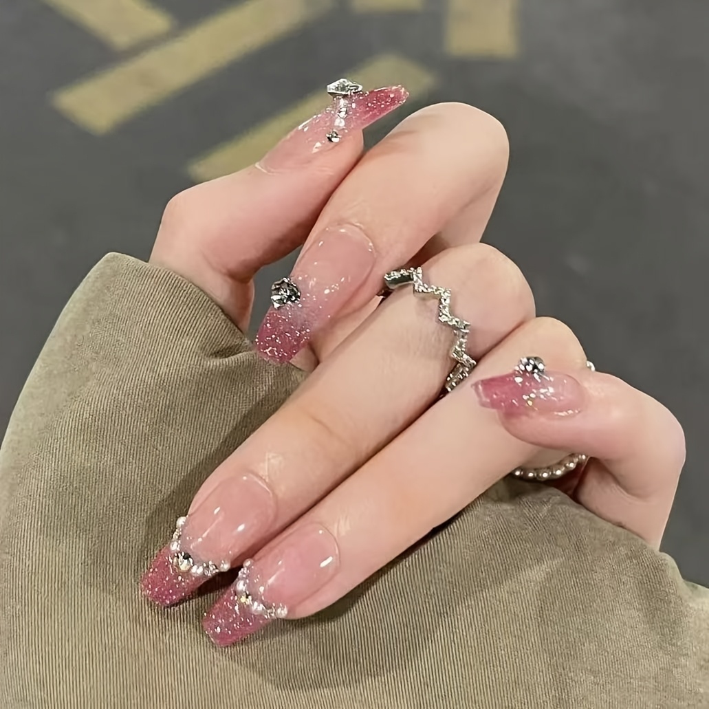 Image of 24pcs Fairy European And Long Wearing Nail Ice Transparent Flash Diamond Pure Lust Beautiful White Fashion Temperament Elegant Trend Removable Fake