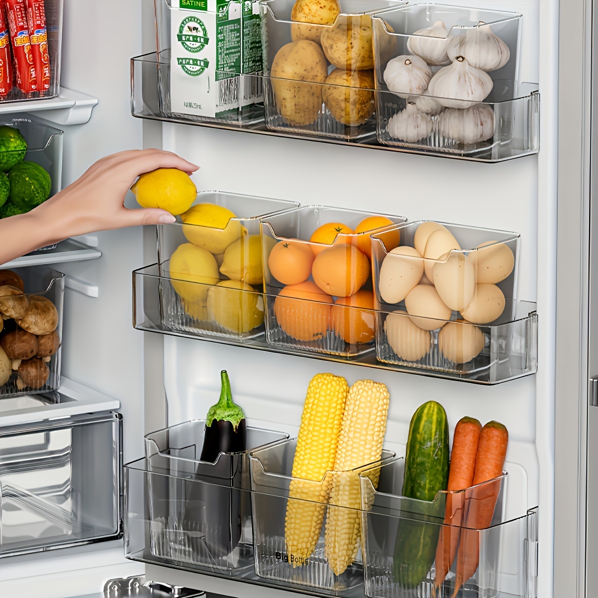 6pcs clear plastic refrigerator storage bins with   handles bpa free stackable space saving kitchen organizer for fridge door counter   fruits vegetables eggs refrigerator organizers and storage 0