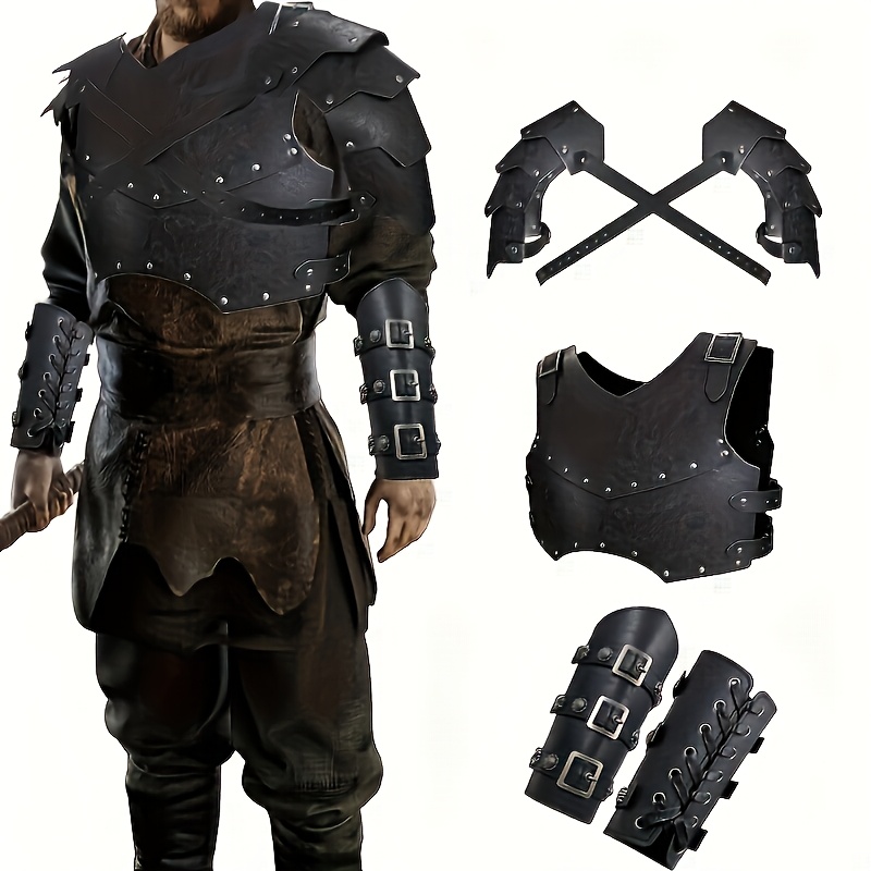 TEMU 5pcs Medieval Warrior Costume Set - Accessories For Larp, Ren , And Cosplay - Adjustable Pu Chest Armor, Double Pauldron, Mercenary Bracers,