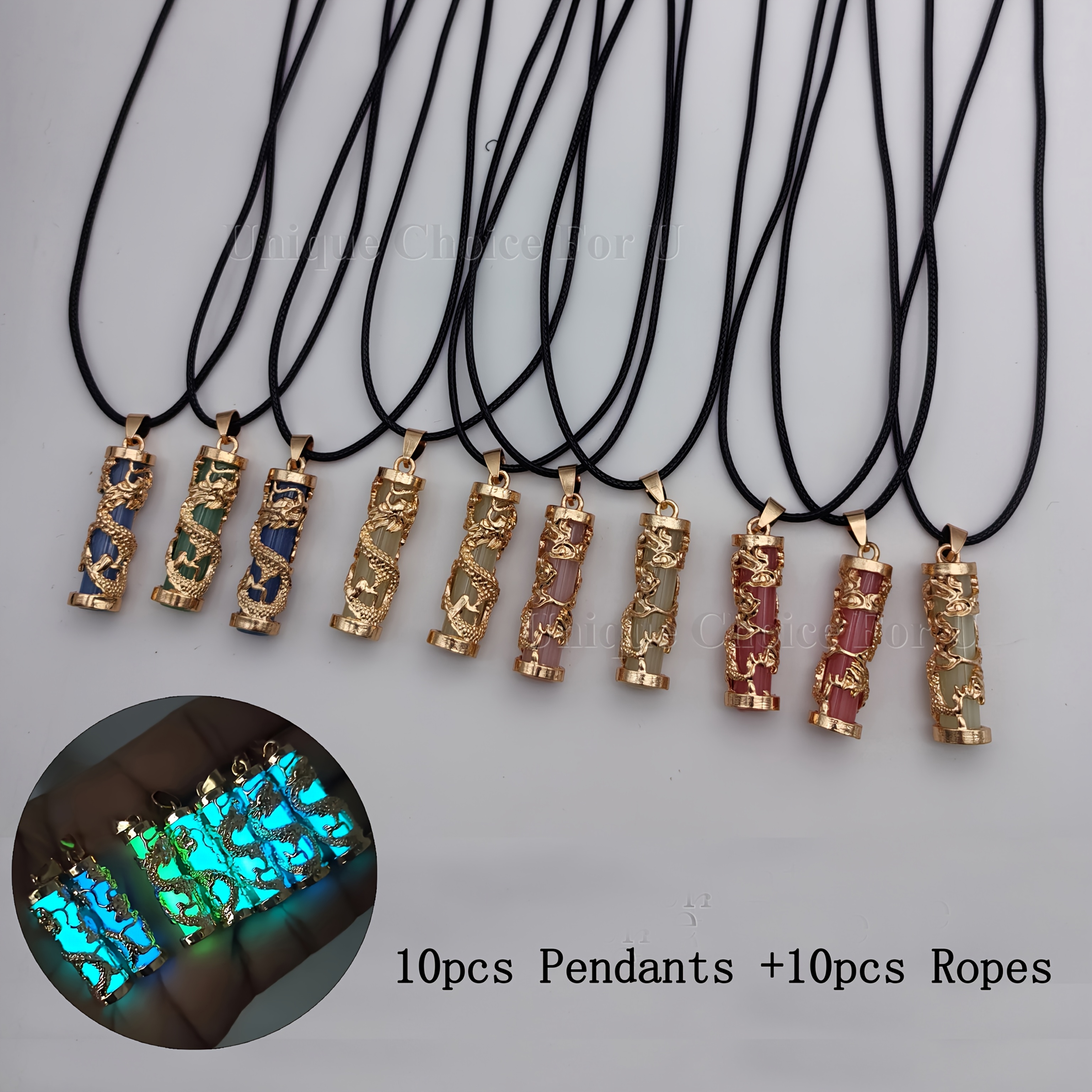 

10pcs Pendants + Pu Leather Ropes Unisex Alloy Dragon Pendants Necklace Pillar Charms With Glow In The , Phoenix Inlay, Pendant For Jewelry Making, Gifts, Mystical Accessories