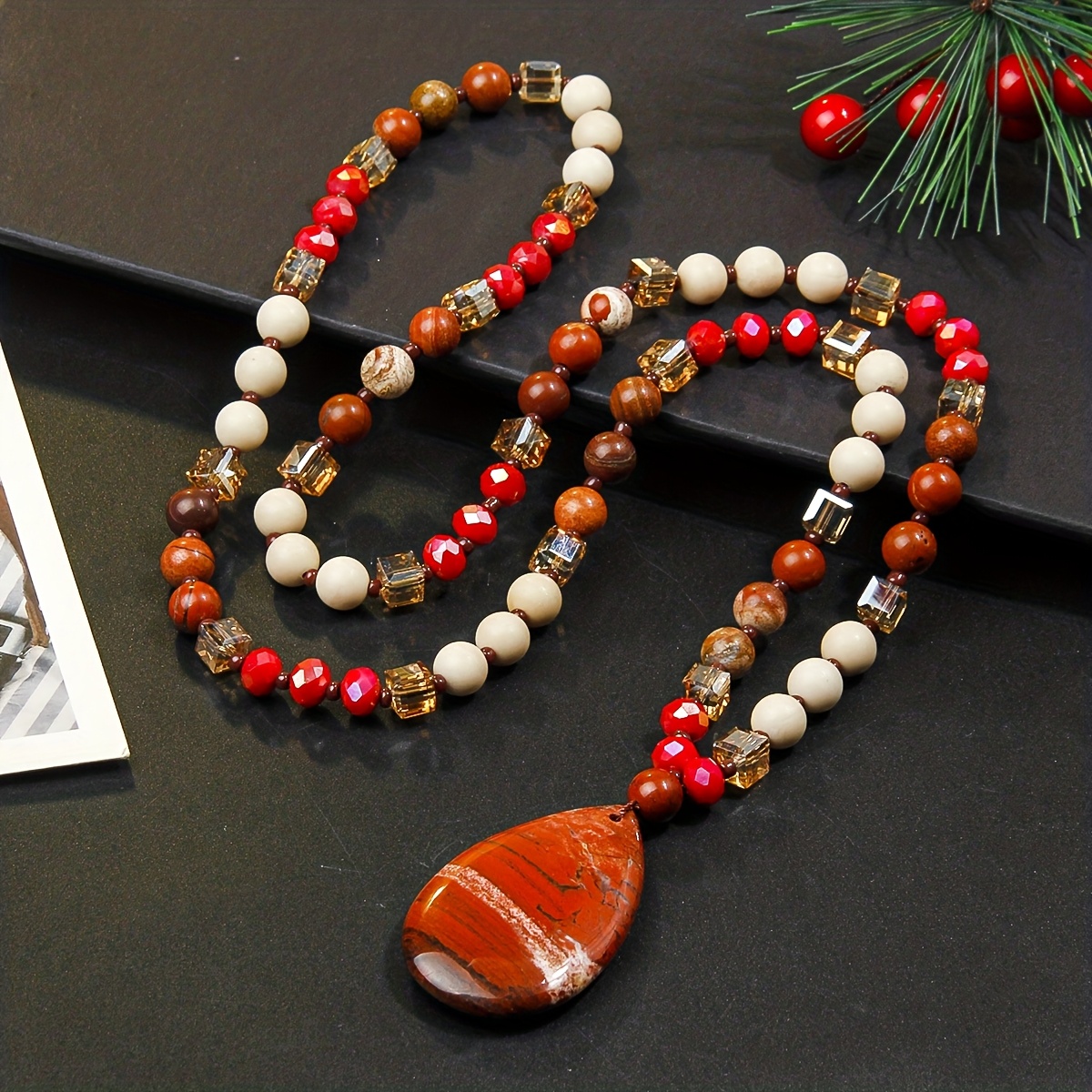 TEMU Bohemian Style Red Teardrop Pendant Necklace, Elegant Long Sweater Chain For Daily Wear (natural Stone Pendant With In Texture And Color)