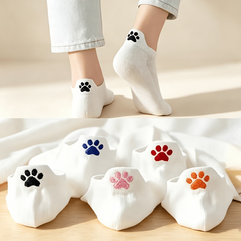 TEMU 5-pair Women's Japanese/korean Style Ankle Socks - Soft Animal Paw Print Suitable For Casual Sports, Casual Attire, Machine Washable, Dry , Cozy