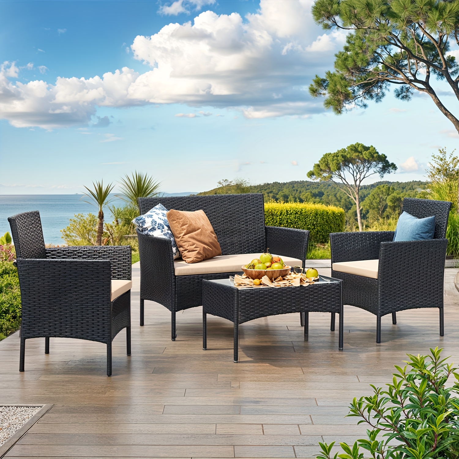 TEMU Garden Furniture Sets, Poly Rattan Outdoor Conversation Set Furniture, Armchair And Coffee Table, For Patio Balcony Backyard