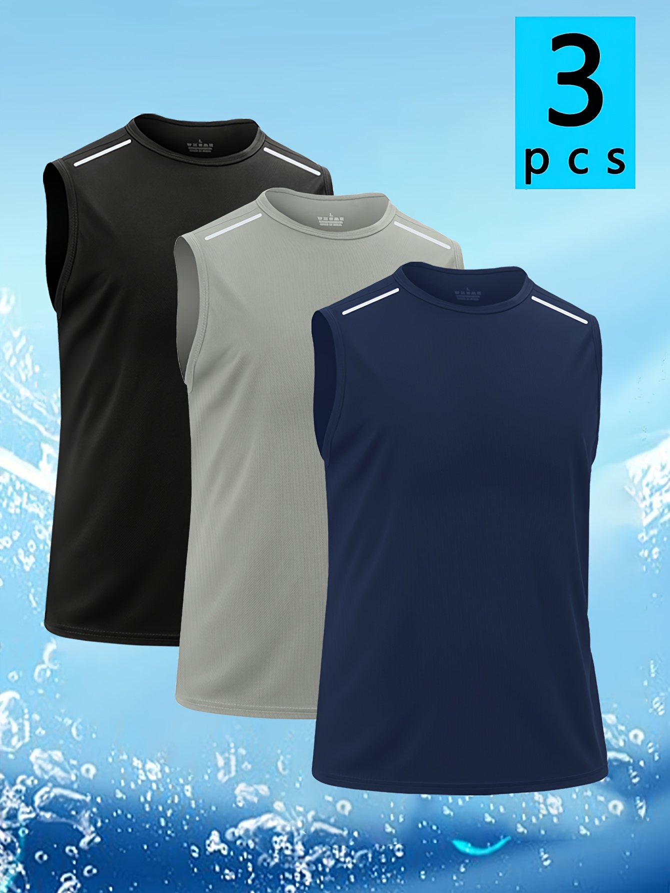 3 piece mens reflective quick dry breathable lightweight sleeveless vest sweat wicking athletic tank top suitable for gym running and casual wear round neck striped sleeveless vest   in black   blue designed with fashionable 3 pieces mixed colors 0
