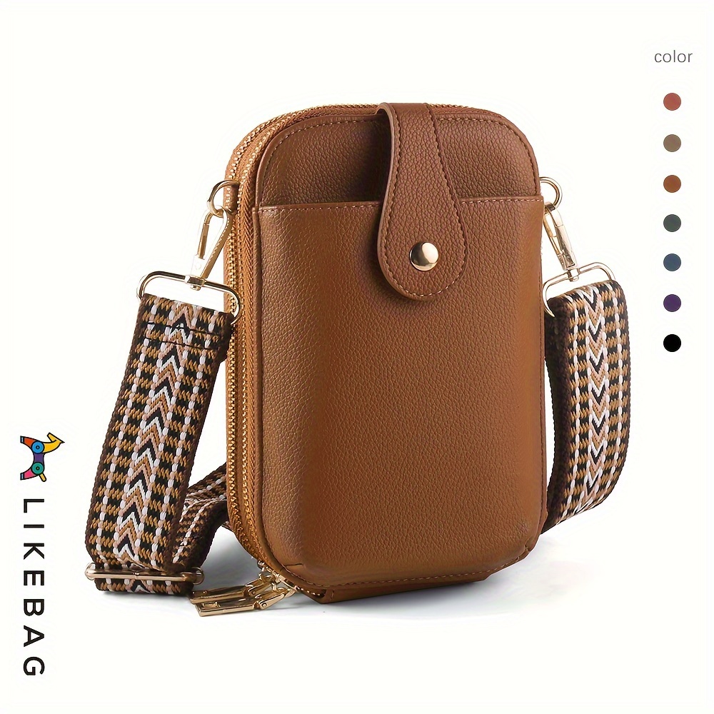 Mobile Phone Bag Zipper Crossbody Bag Simple Lightweight PU Leather  Ladies Bag Ethnic Style Pattern Webbing Bag Casual Small Bag