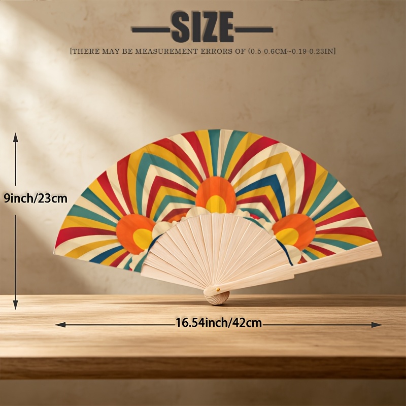 TEMU ["Éventail Pliant en Bois de 23 cm] Éventail Pliant Léger avec Imprimé Géométrique Radial Coloré, Éventail Pliant en Bois pour Fêtes d'Été,