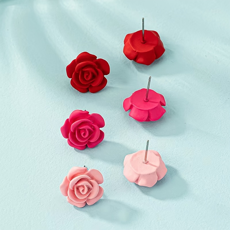 3 Pairs Acrylic Rose Flower Stud Earrings Set