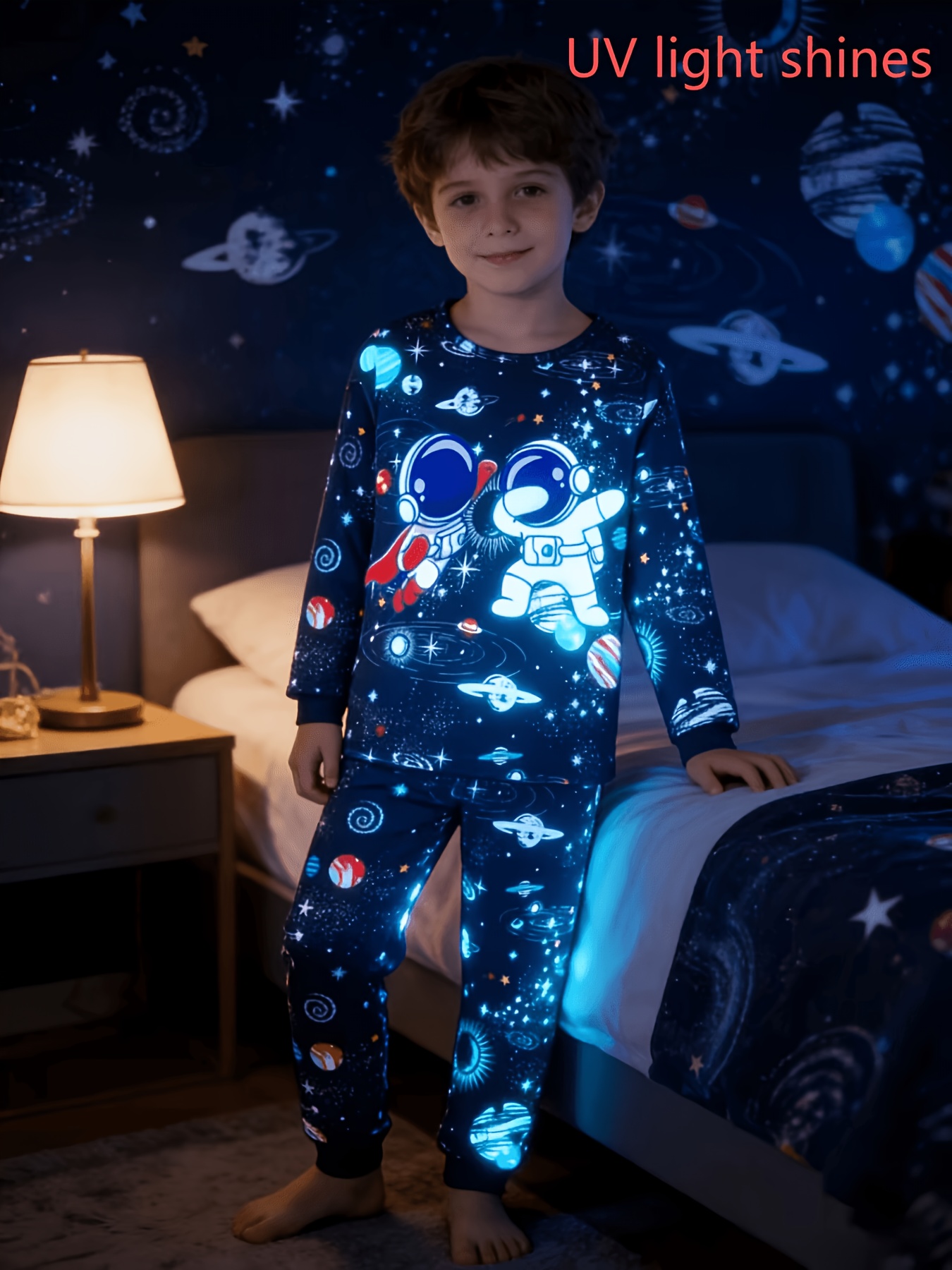 item picture 2pcs boys space astronaut pajama set with   print pajamas   sleepwear winter outfit matching sleepwear for kids machine washable 2pcs set for   play