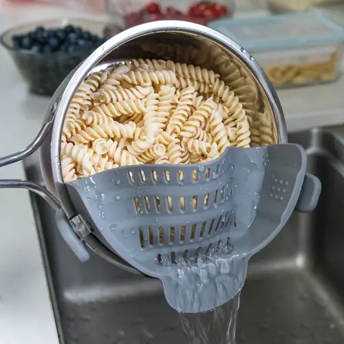 1pc clip on strainer for pots pans durable plastic kitchen colander for pasta meat vegetables fruits easy drainage strainer for pasta vegetable preparation modern kitchenware drainage