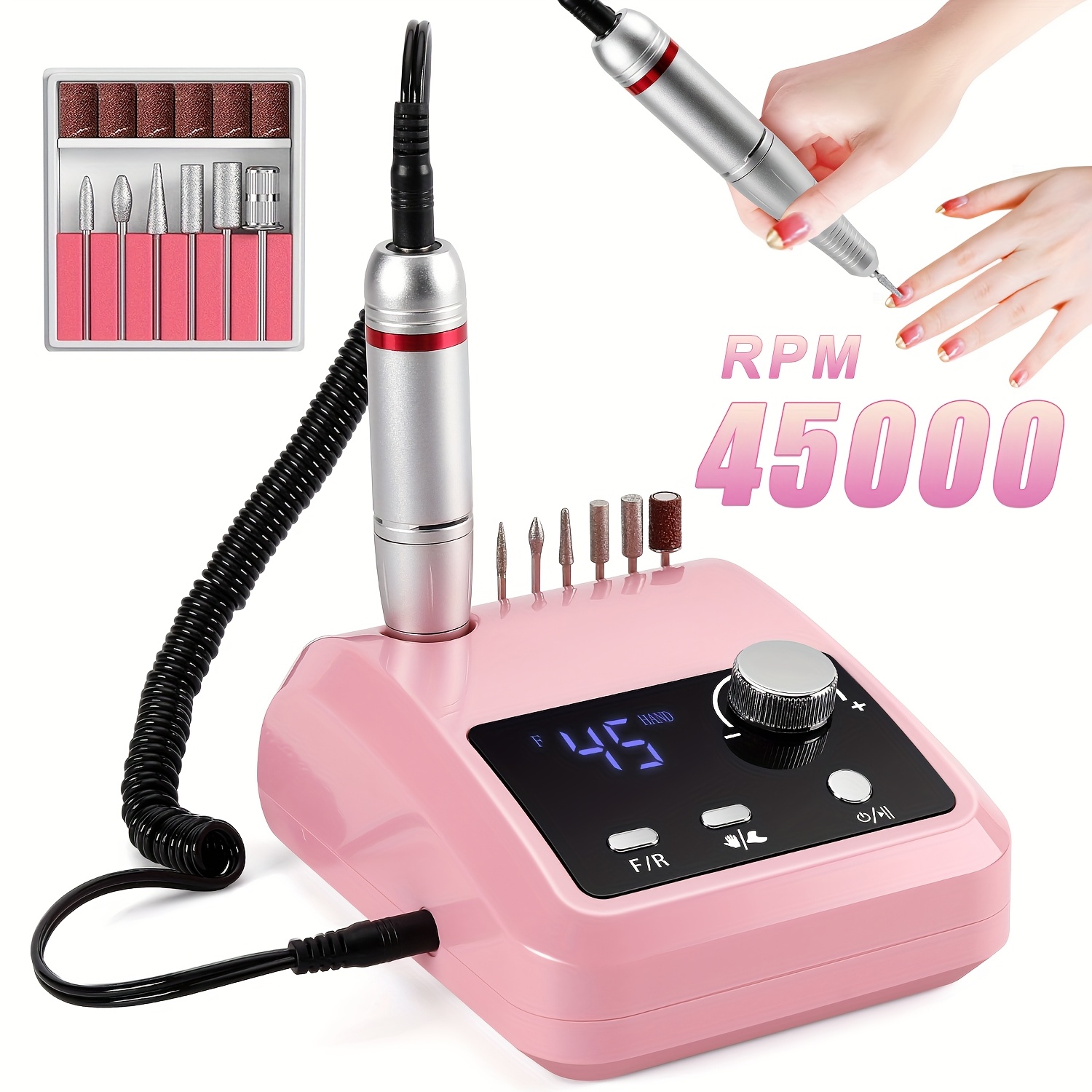TEMU 45000rpm Professional Nail Drill Machine With Large Lcd Screen, And Vibration, Integrated Storage, 6 Drill Bits And 106 Sanding Bands
