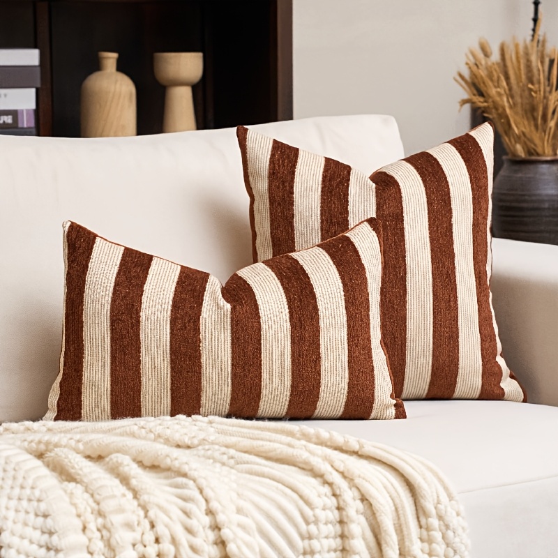 TEMU Nvsnv Set Of 2 Bohemian Striped Chenille Pillow Covers Suitable For Farmhouse & Minimalist Decor, Neutral Cushion Cases With Zipper Closure,