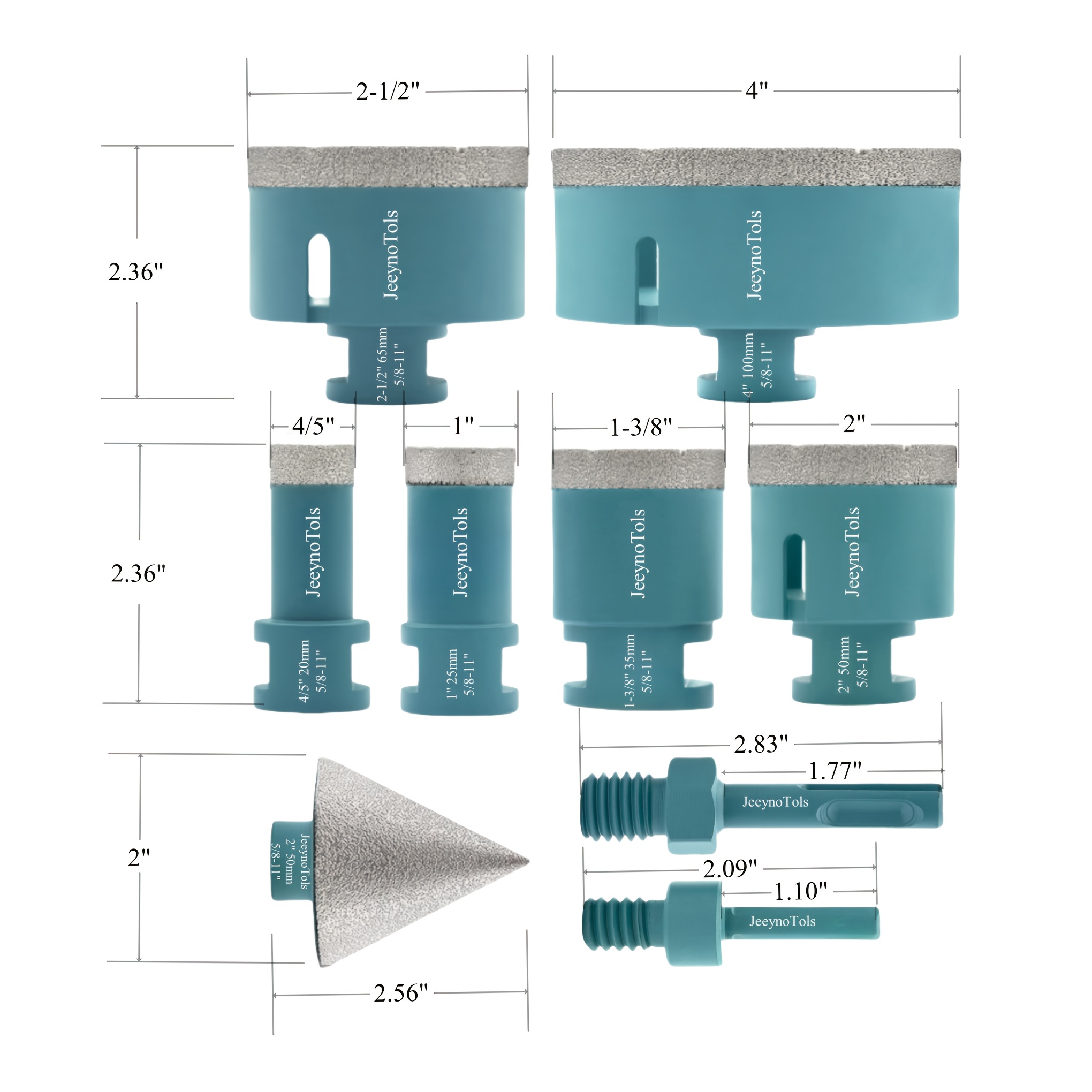 

Diamond Core Drill Bits Set 9pcs (4/5", 1", 1-3/8", 2", 2-1/2", 4" Drill Bit+2" Beveling Chamfer Bit+adapter) For Ceramic, Tile, Marble, Porcelain With 5/8-11 Thread