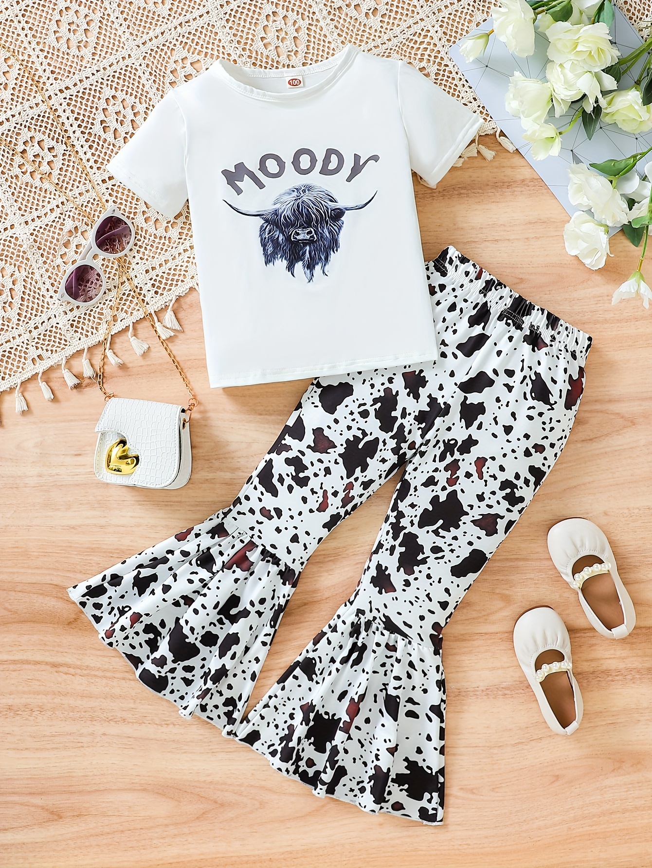 Toddler Kids Baby Girls Outfit Set Cartoon Cow Print Short Sleeve T Shirt  Top Bell-Bottom Flared Pants Summer Clothes Set