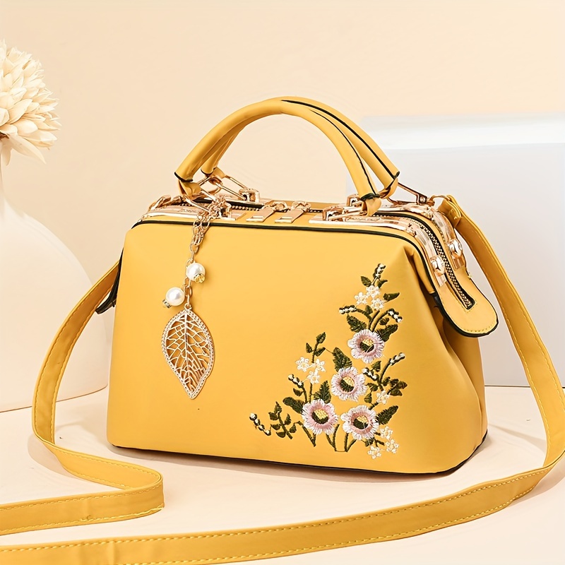 

Elegant Floral Embroidered Handbag For Women, Fashionable Shoulder Crossbody Bag With Zipper Closure, Polyester Lined, Paint Detail