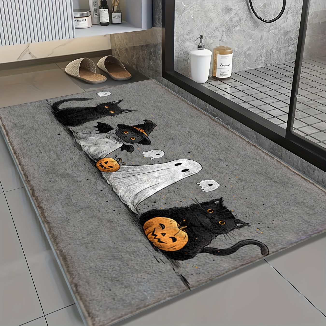 TEMU 1pc 2d Flat Halloween Bathroom Mat Microfiber Non-slip Mat, 3 Kittens And Pattern, Imitation Cashmere Material, Machine Washable, Halloween