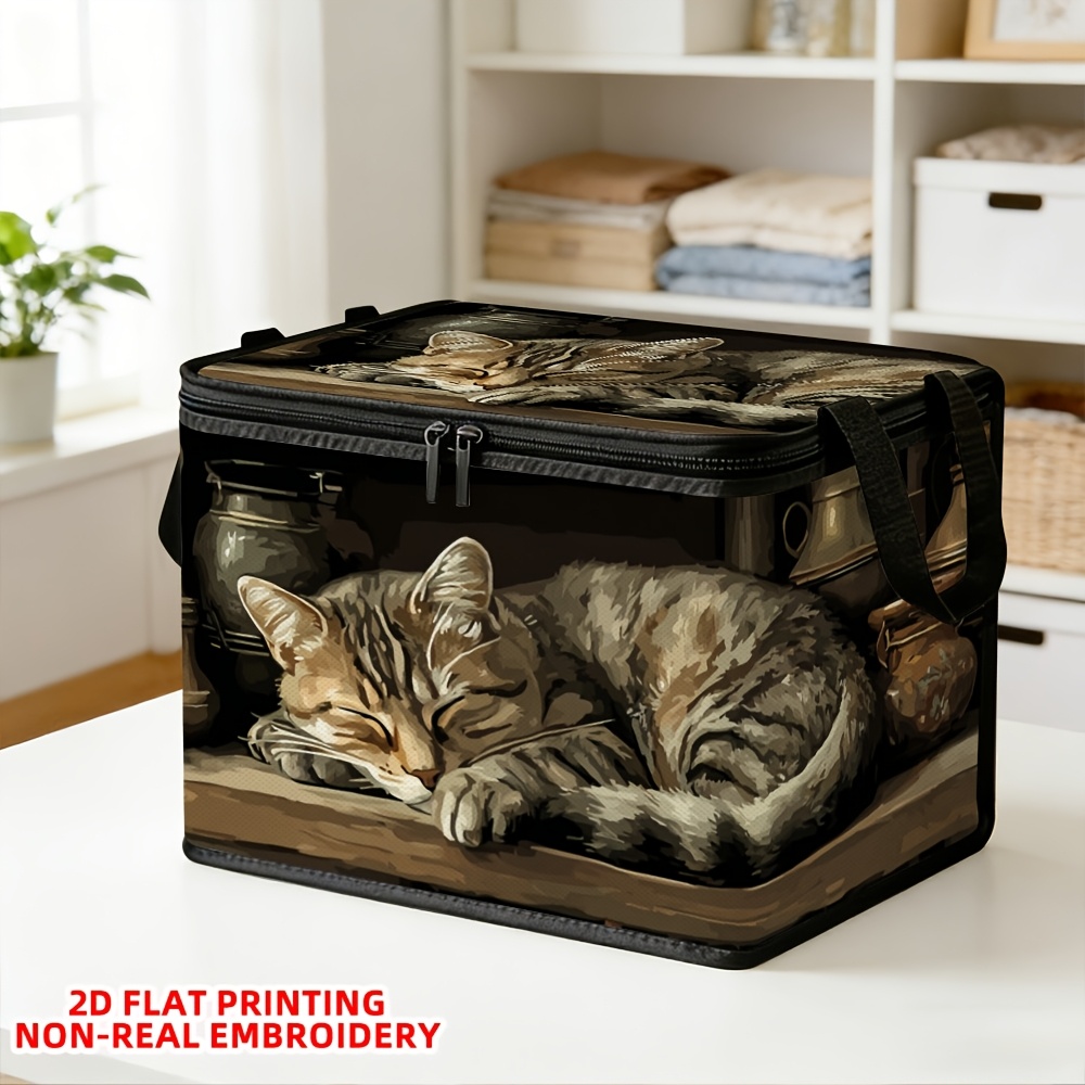 TEMU Retro Oil Painting Style Lazy Sleeping Fabric Storage Box With Zipper, Foldable Clothing Organizer For Home, Plush Toy And Pet Supplies Storage,