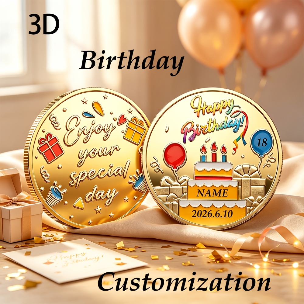 TEMU Pièce commémorative d'anniversaire dorée personnalisée, design sur le thème " Anniversaire", de nom personnalisée disponible, insigne
