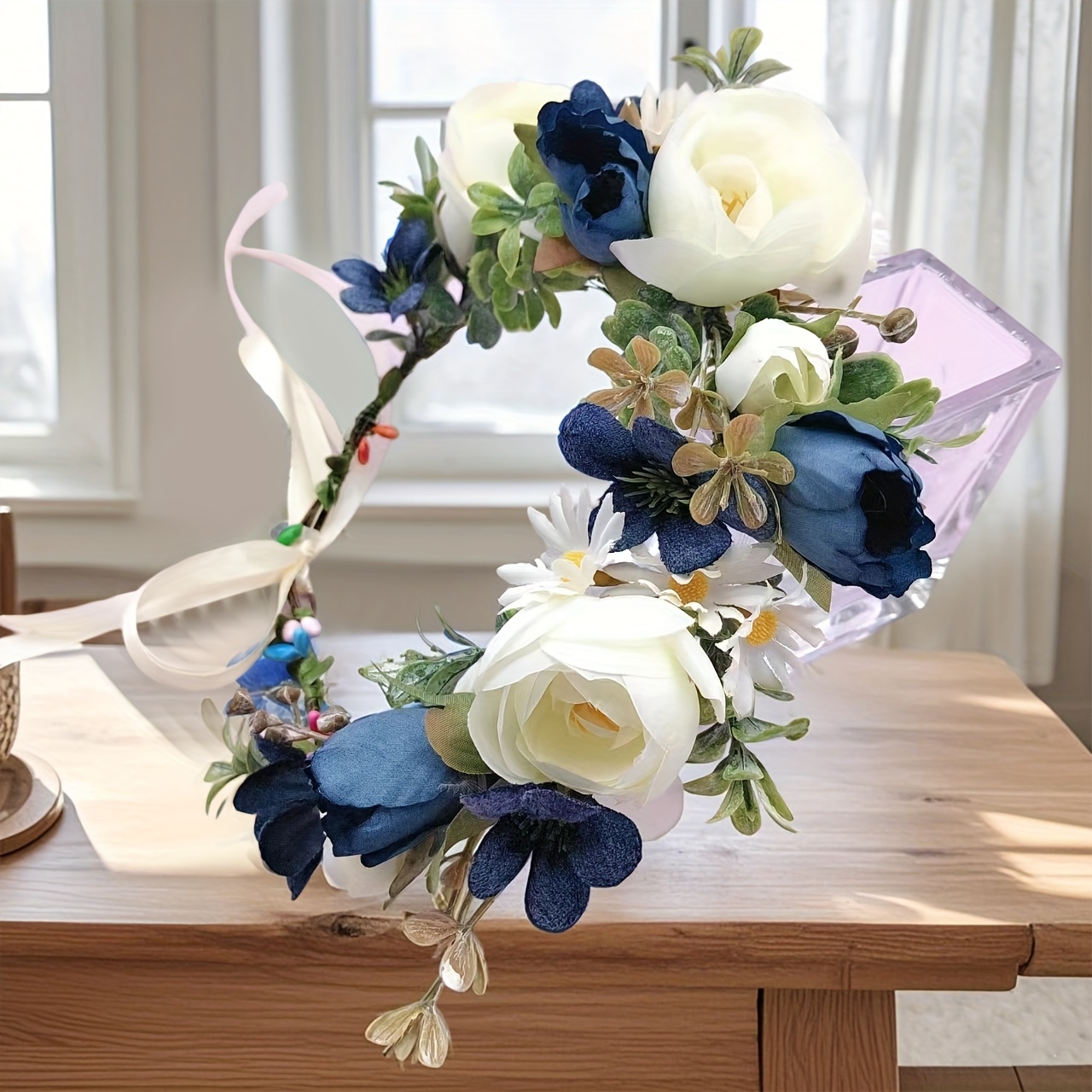 elegant adjustable floral headband for girls - white with  display picture 2