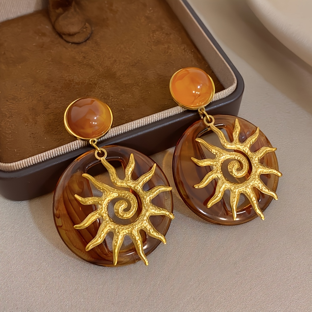 Vintage Amber Pendant Earrings, Women's Bohemian Sunflower Design