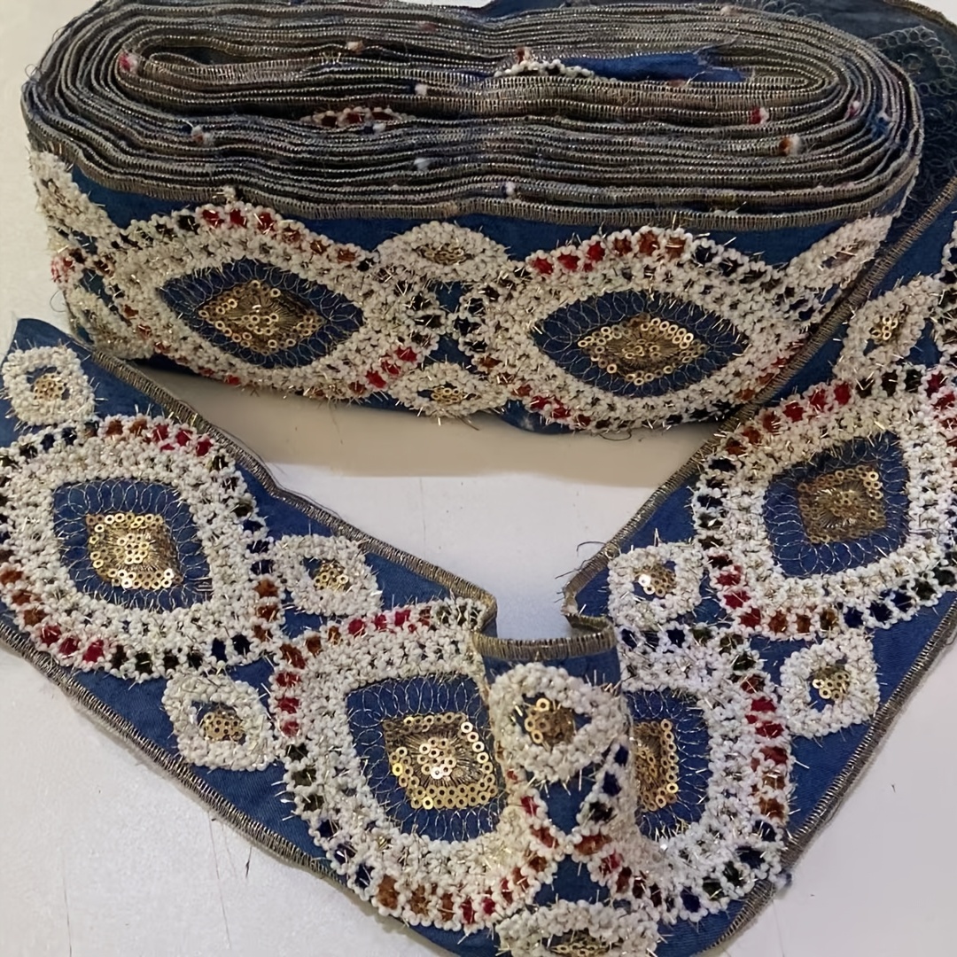 TEMU Cinta de bordado de lujo con incrustaciones de lentejuelas doradas, de costura bohemio hueco de 8.7 cm de ancho para de chal de boda, , falda,