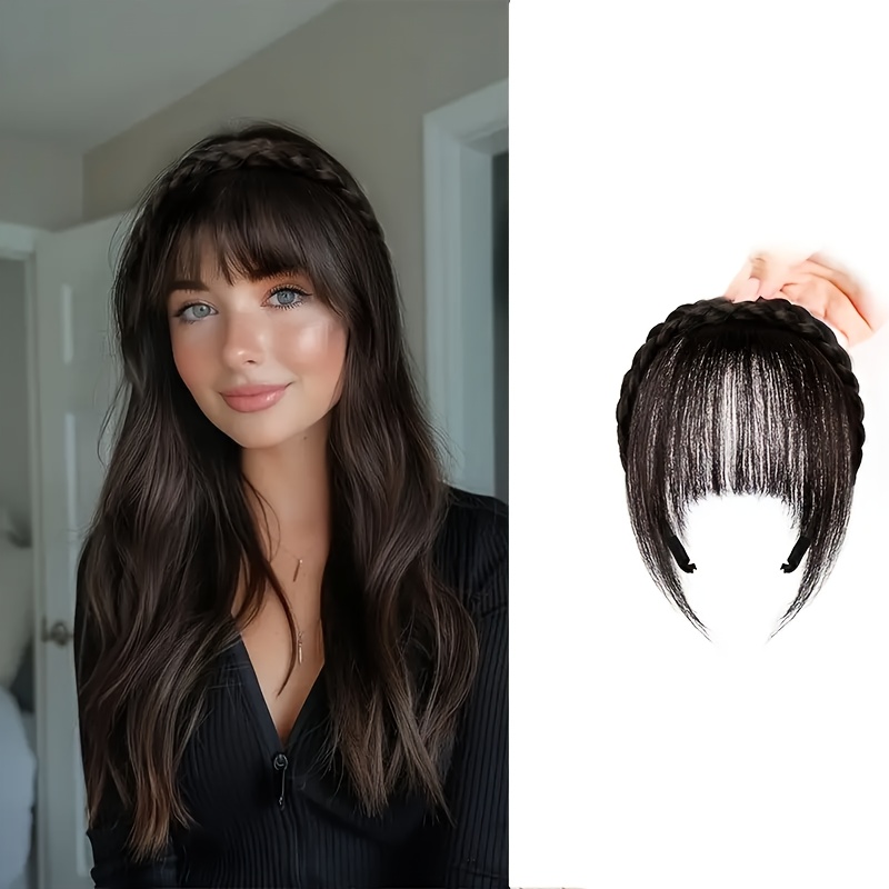 1pc elegant women s clip in synthetic bangs with double braid design lightweight versatile hairpiece for all hairstyles   daily wear and special occasions sleek black bangs accessory details 0