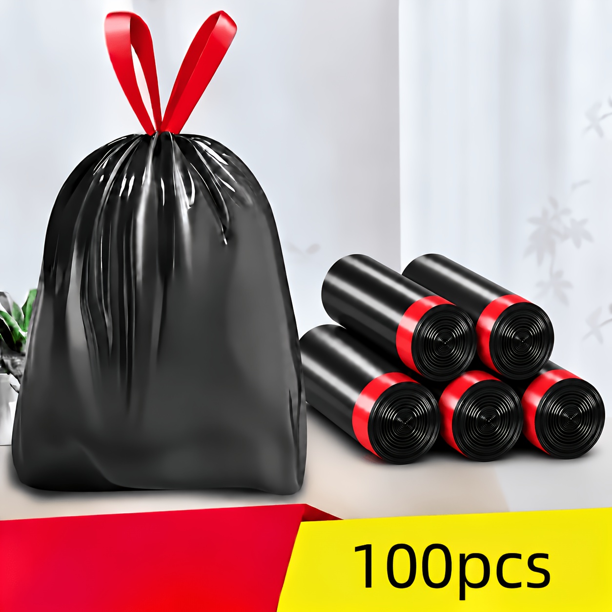 Image of 5 Rolls Of 100pcs Thickened Leak-proof Drawstring Garbage Bags, Ideal For Store, Yard, And Indoor Storage. Thick And Tear-resistant, Airtight And Odor-locking, Compatible With Most Garbage Bins