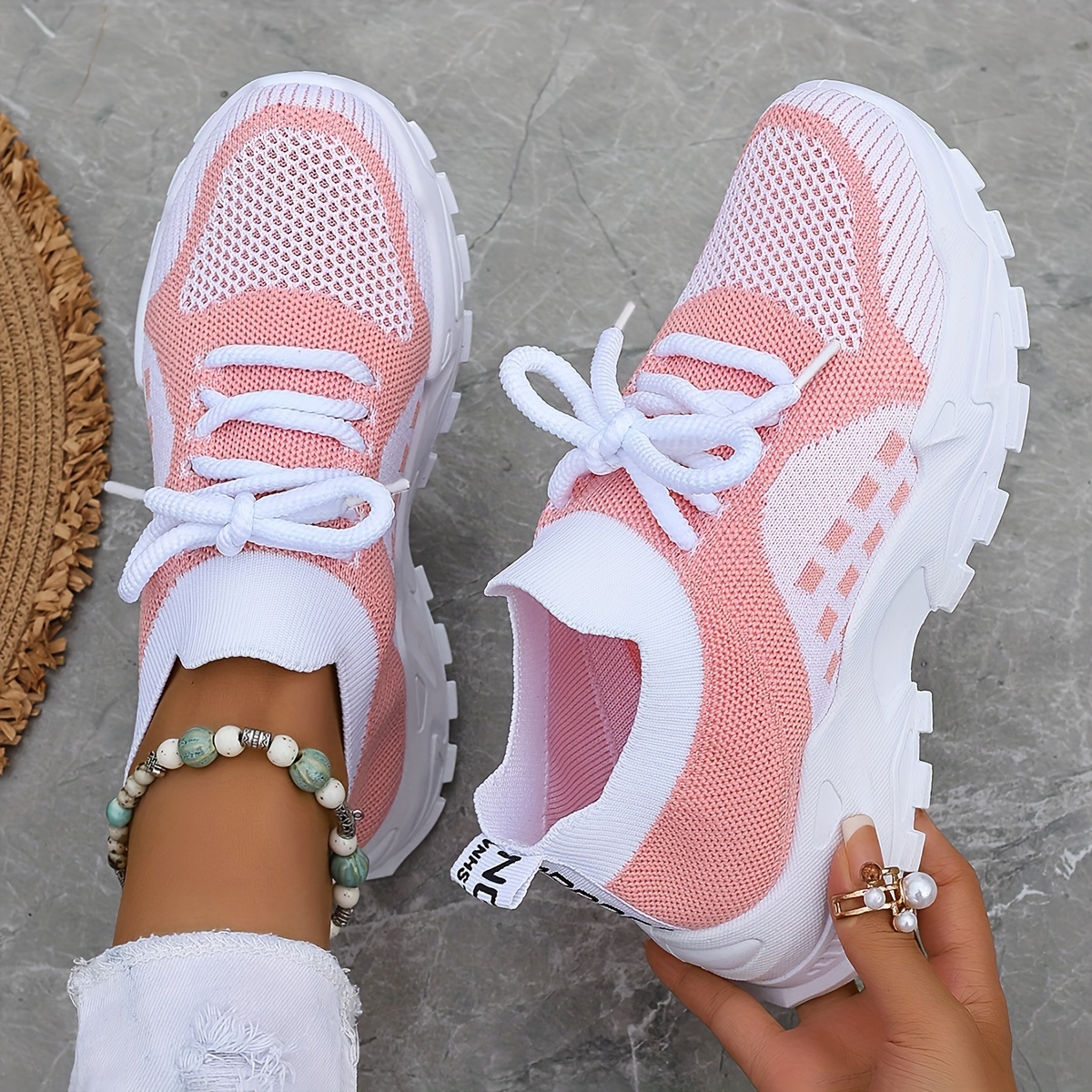 

Women's Breathable Knit Sneakers - Fashionable & Comfortable Lace-up Running Shoes With Non-slip Pvc Sole, Outdoor Walking