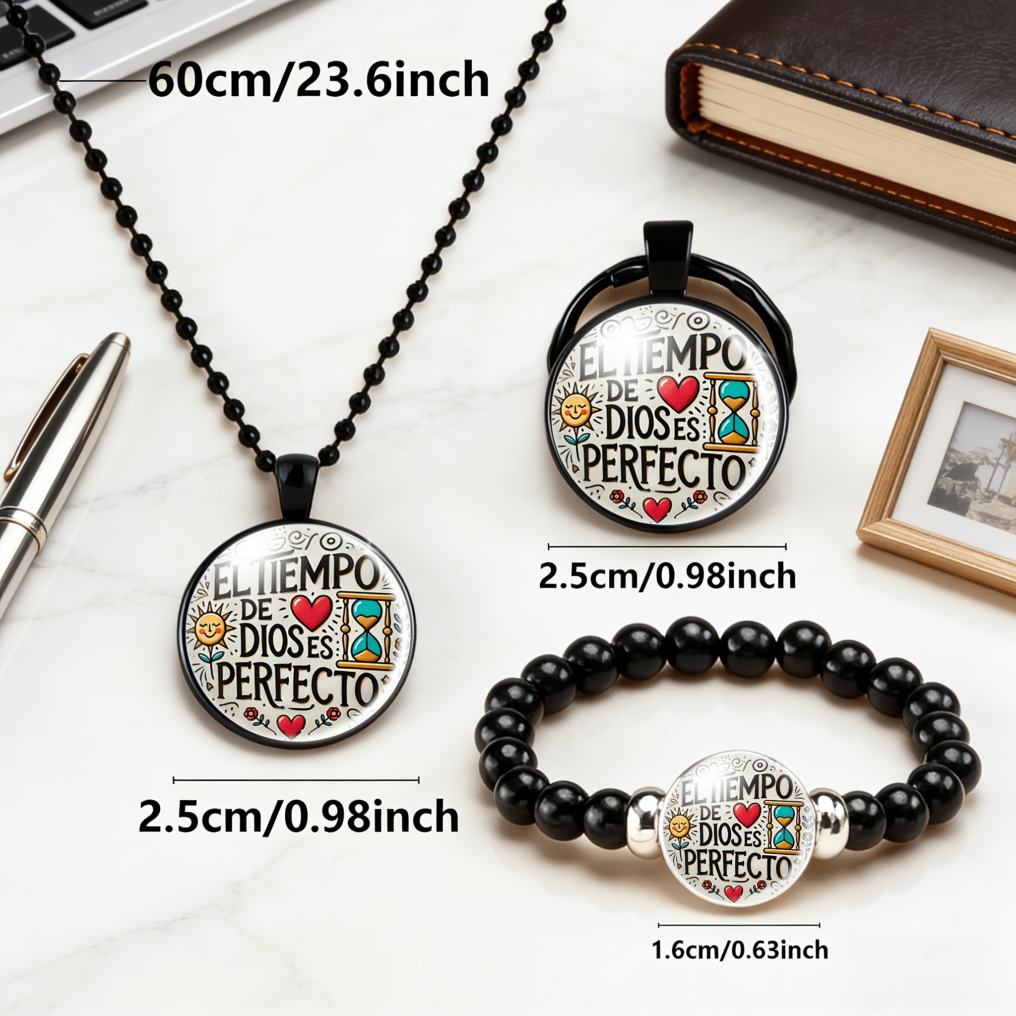 3pc Set Black Round Glass Inlay Pattern Jewelry for Men