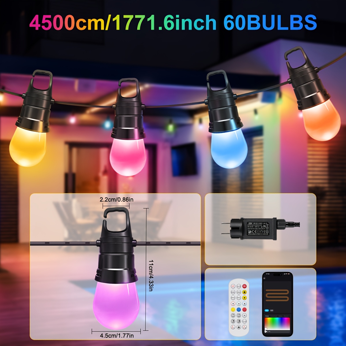 S14 Rgb Smart Led String Lights, Compatible With Mobile App And Remote Control, In Series, Feature Multiple , And Adjustable Brightness Perfect For Decorating , Gardens, And Patios