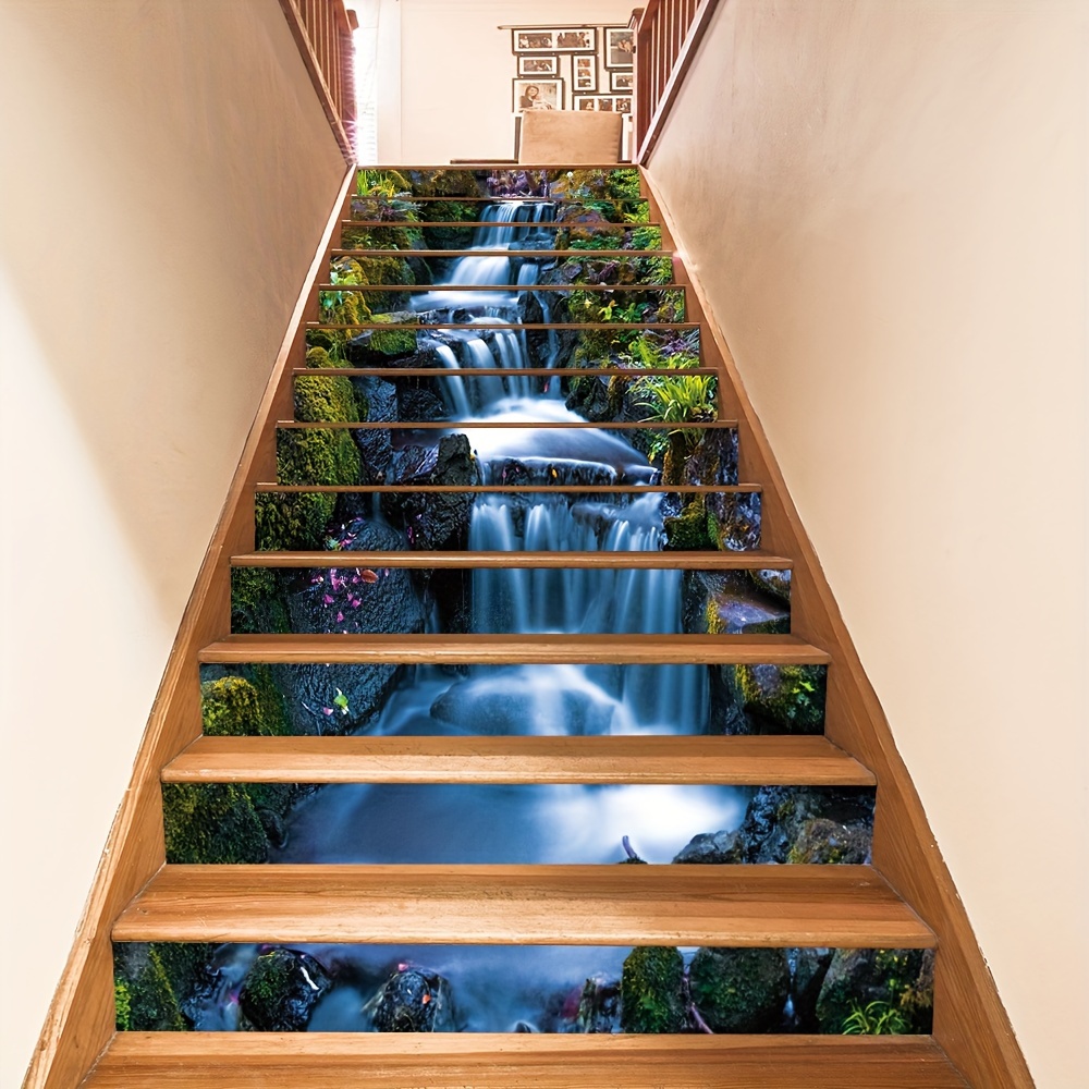 item picture mountain and waterfall stream detachable self   vinyl stair treads peel and stick stair decals for staircase renovation 39 37 x 7 08 inches   landscape pattern