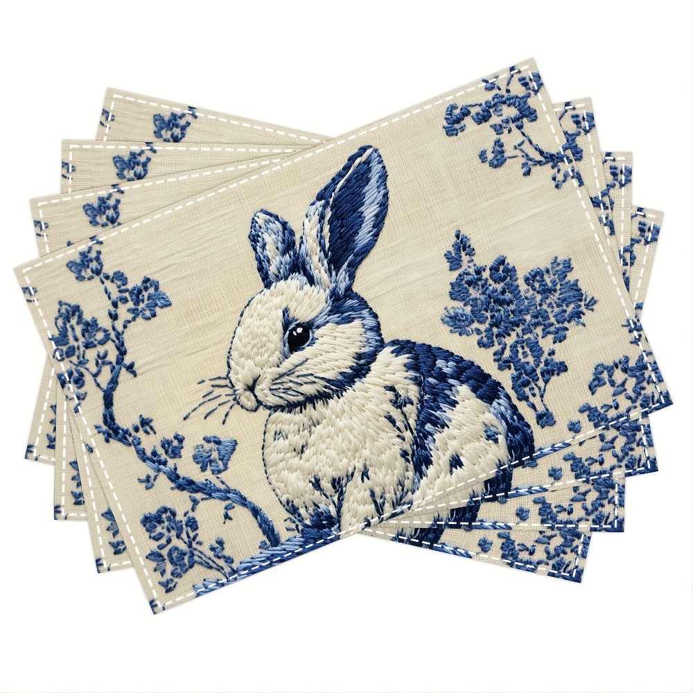 TEMU 4pcs, Blue And White Chinoiserie Bunny Rabbit Placemats, Fashion Print Pattern Table Mat, For Dining Table, Kitchen, Party, Indoor, Holiday,