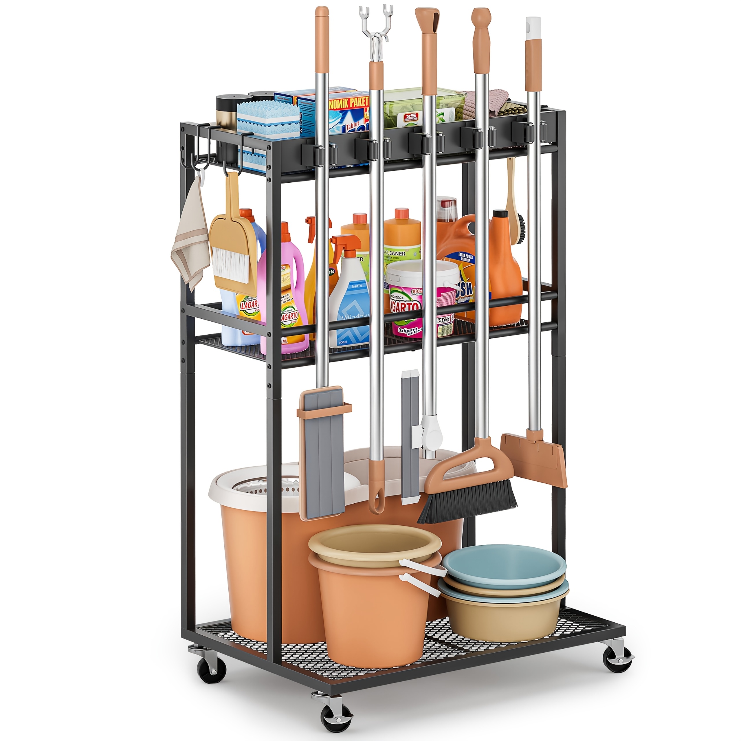 TEMU Organizzazione lavanderia, porta con organizzatore per prodotti per la pulizia, armadietto portaoggetti per con appendi , pinze, ganci, carrello