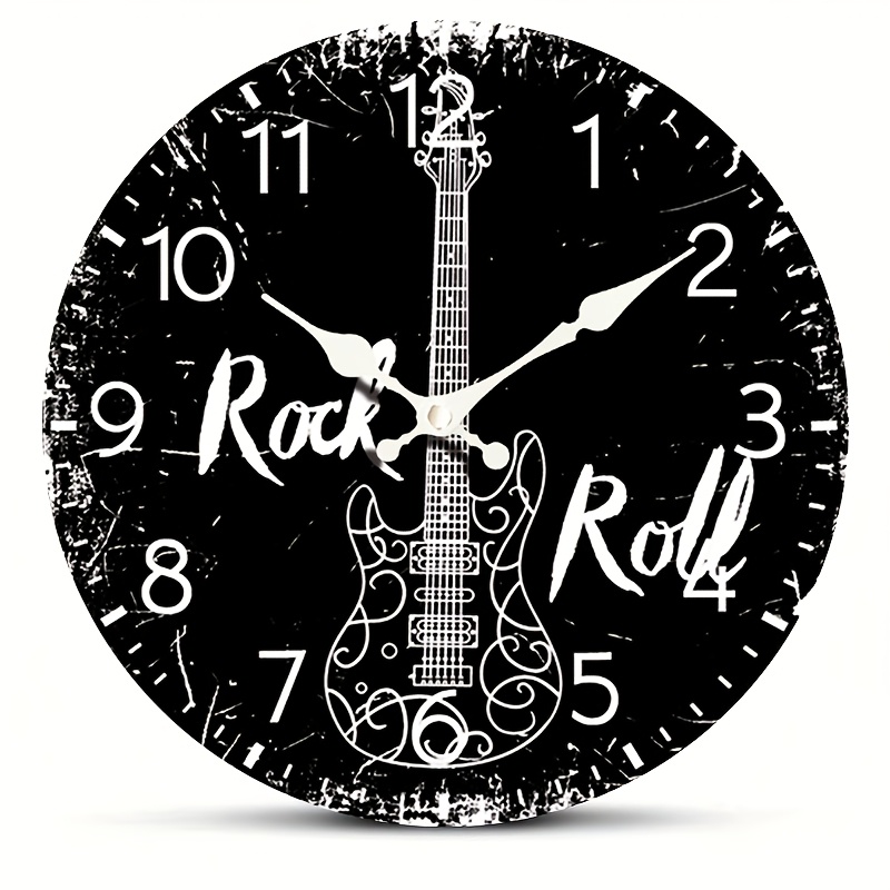 TEMU 1pc Horloge Murale Guitare Électrique Rock & Roll Noire - Mouvement Quartz Silencieux, Design du Vintage pour Chambre, Salon, Bureau, Décoration