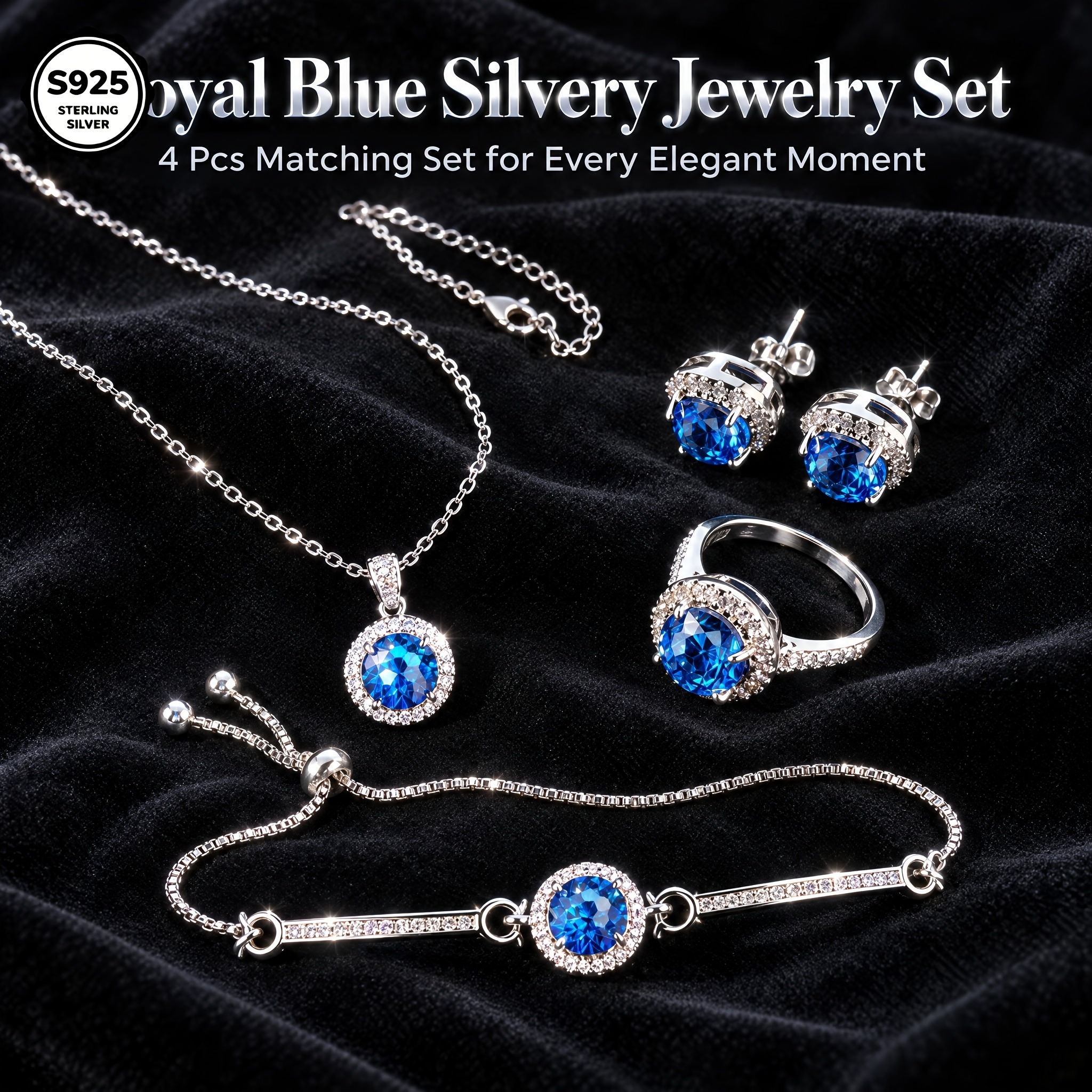TEMU 925 Silvery Blue Round Cut Moissanite Jewelry Set 4pcs, Classic Halo Design Necklace Earrings Ring Bracelet Set For Women, Gift For Valentine's