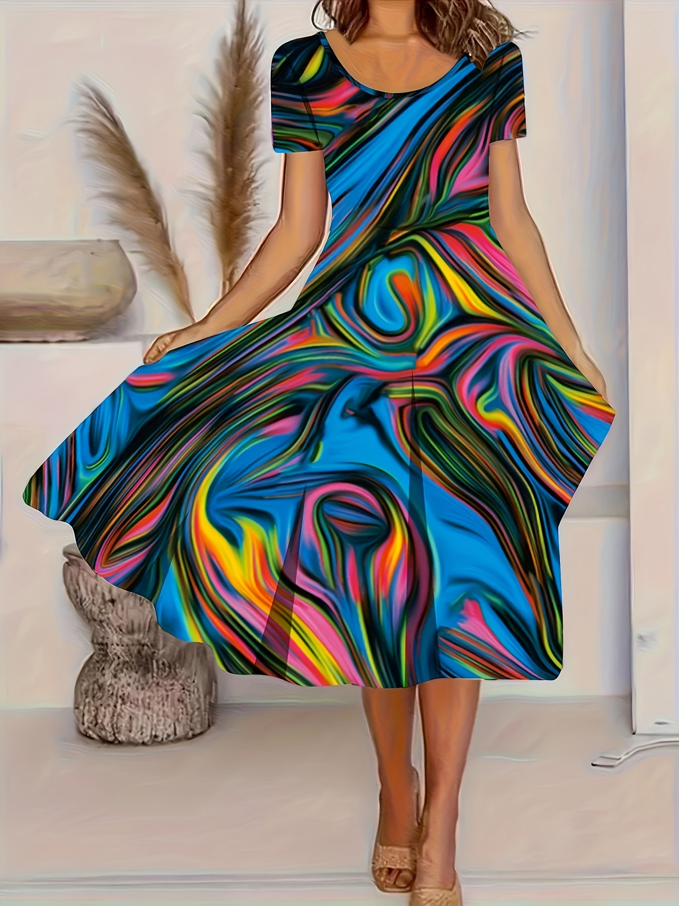 chinese dress ladies Wholesale Gigi's Rainbow Spiral Tie-Dye Front Ruffle Sarong Dress