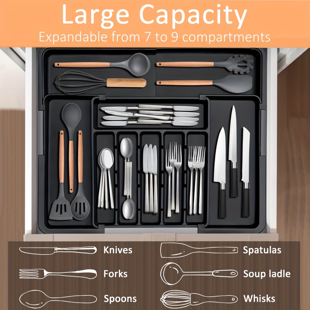 

Black Kitchen Utensil Drawer Storage Box With 9 Compartments Large Tableware Storage Tray, For Fork Knife Plastic Inches - 22 Inches (. 33.0cm - 55.9cm) Wide, Inches (. 36.8cm - 48.3cm) Long