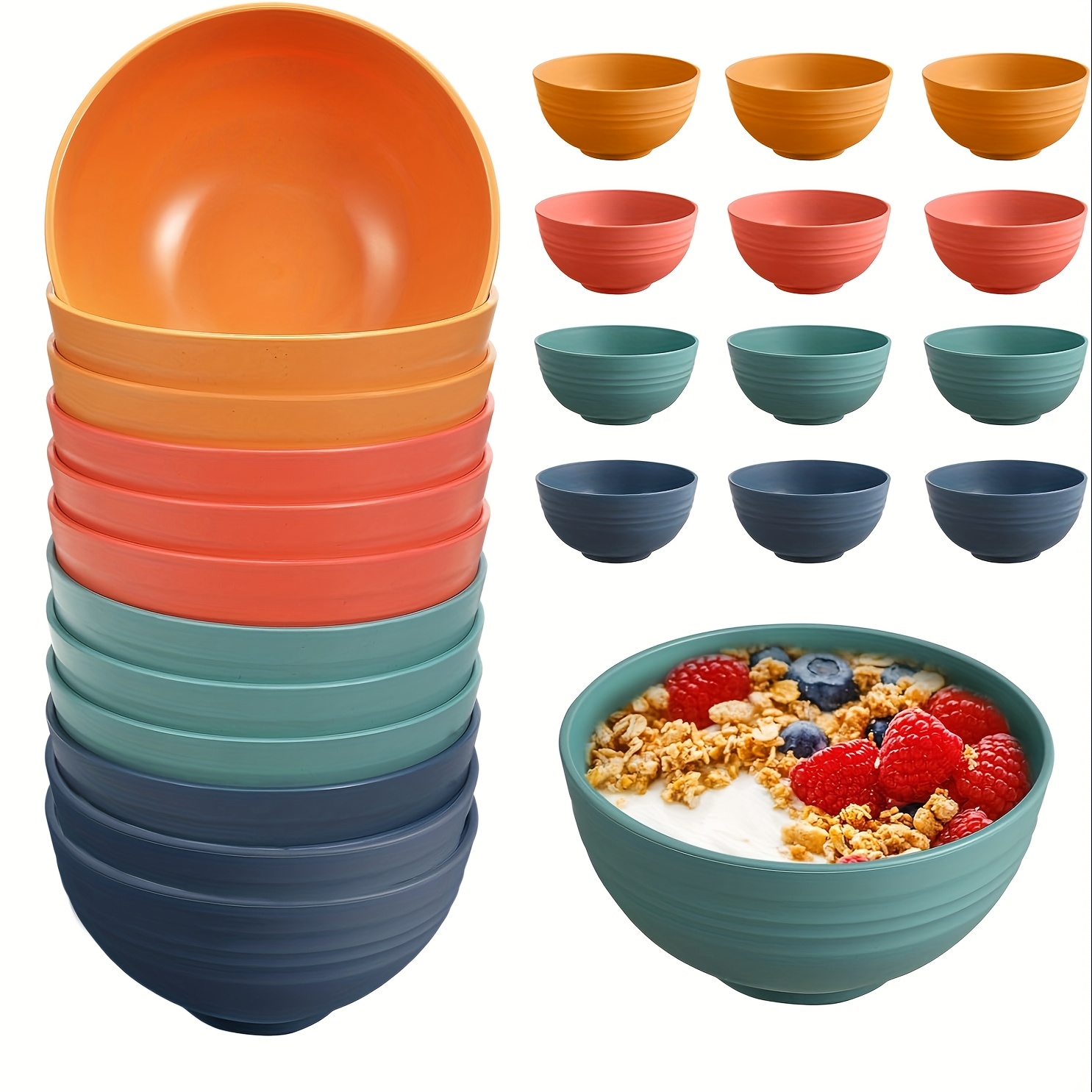 TEMU 12pcs Unbreakable Cereal Bowls Set, 26oz Bowls Set, Microwave & Dishwasher Safe Bowls For Kitchen, Plastic Bowls For Soup, Salad And Snack, Bpa