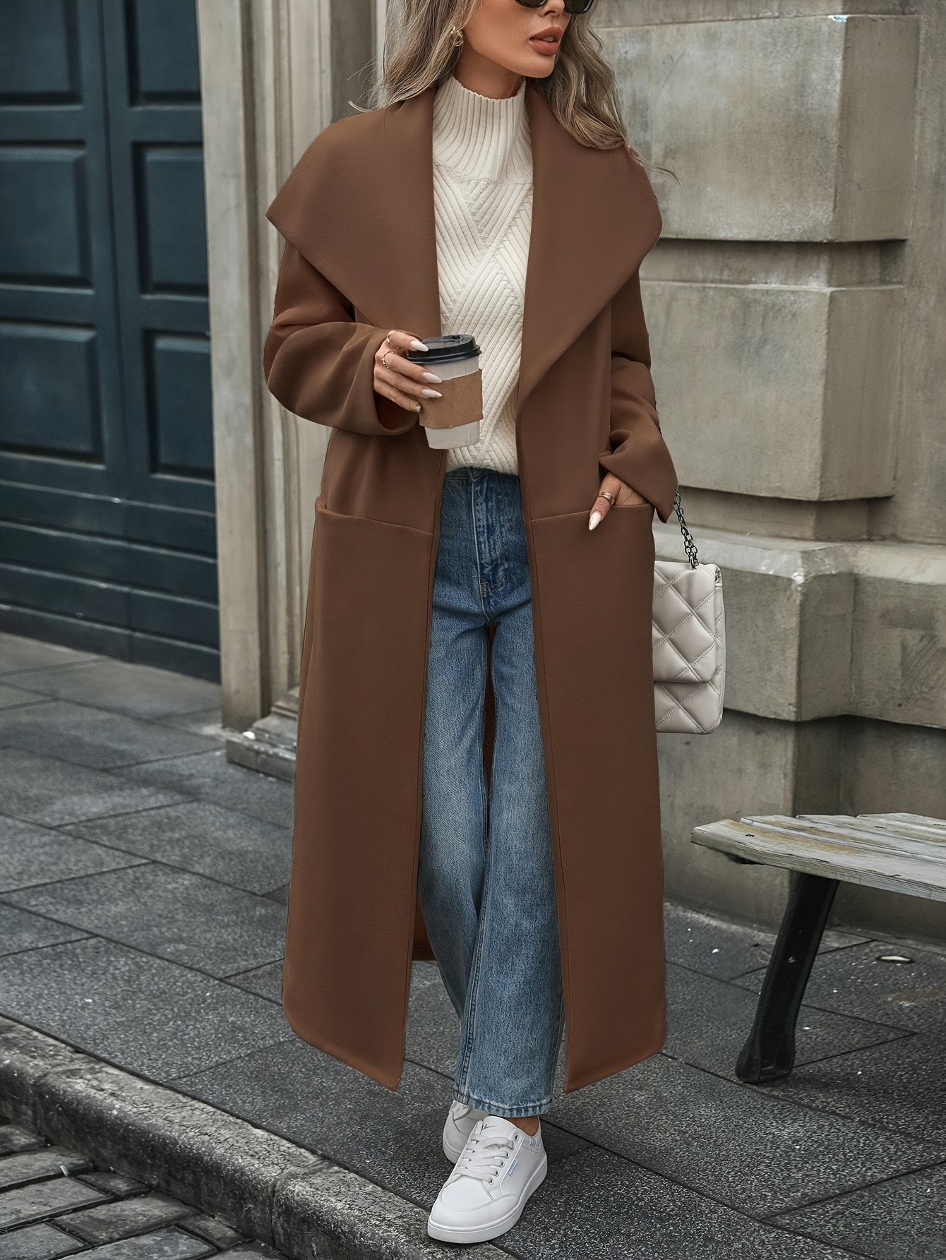 qd0610056 womens long coat two tone pockets long sleeves - Temu