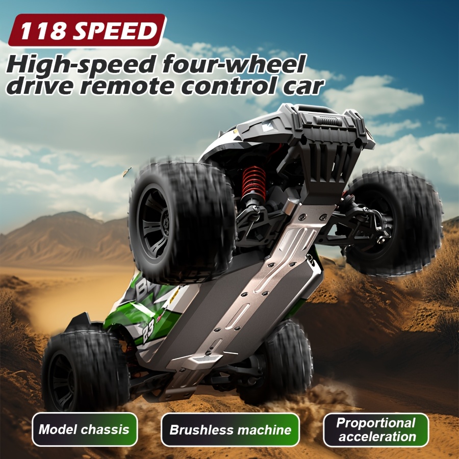 4WD High-Speed RC Off-Roader | 35KM/H Stunt Toy Car With Wheelie Bar & Adjustable LED Lights | 1:18 Scale Model | 7.4V Long-Life Battery | All-Terrain RC Truck For Adults & Kids - Outdoor Gift