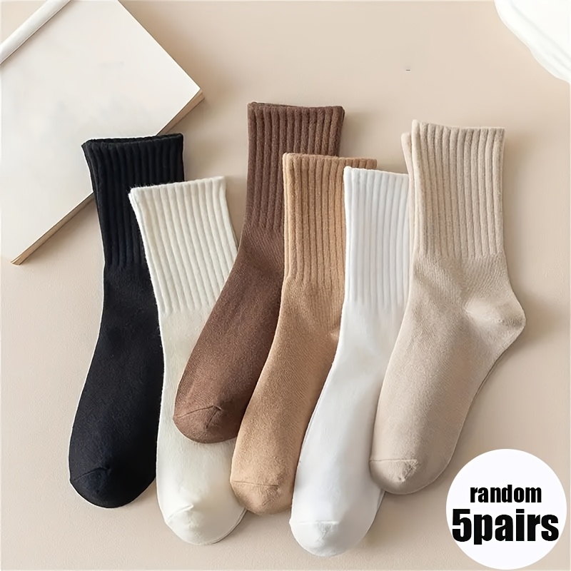 Image of Random Pairs Of High Socks, Sweat-absorbent And Breathable Women's Socks, Solid Color Striped Mid-tube Socks, Casual Outdoor Socks