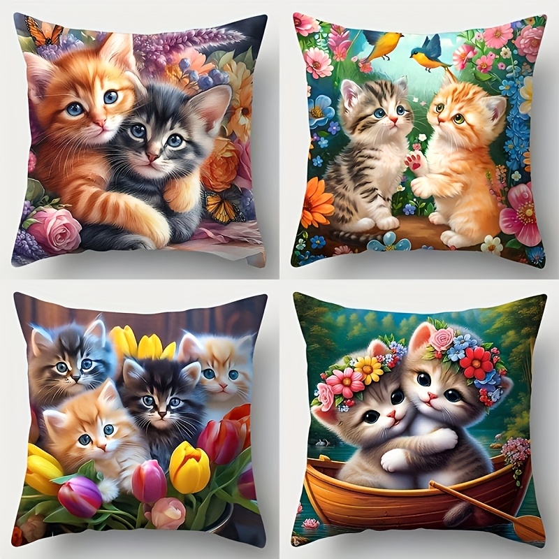 TEMU 4 Cute Cat Print Pillow Covers - Floral, & Bird Designs | 17.7x17.7 Inch | Zipper Closure, Washable Polyester | Sofa Decor (no Inserts), For